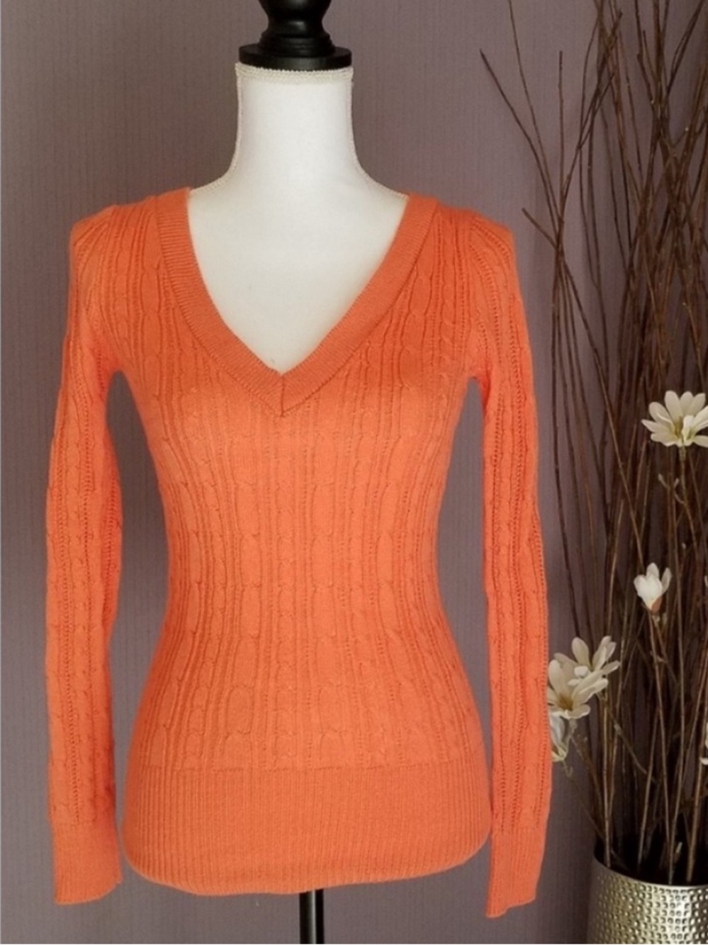 Coral Orange Preppy Cable-knit V-neck Fitted Sweater Like New Small